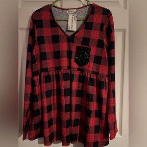Southern Stitch, peplum top, shirt, buffalo plaid, red, black, size med NWT